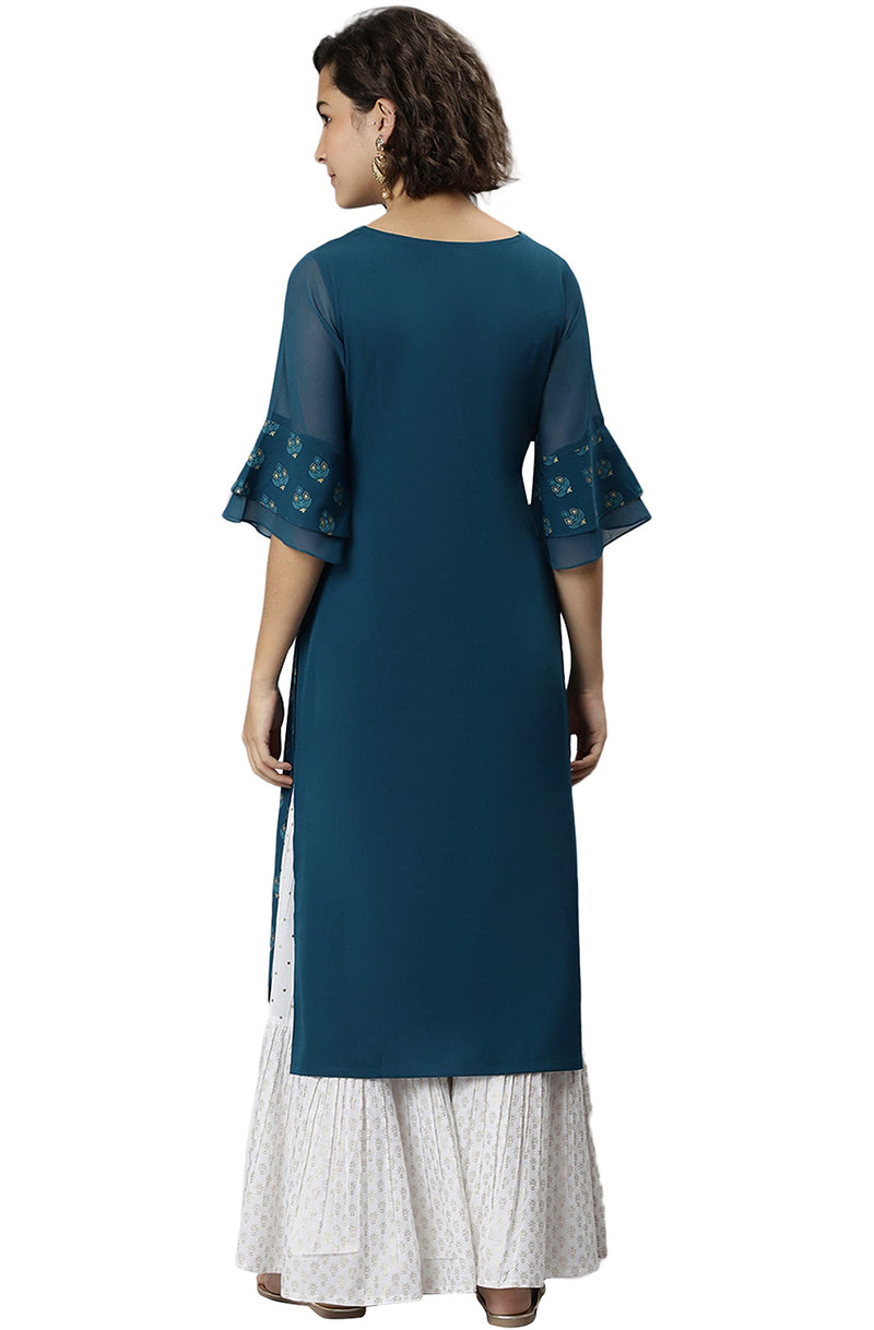 Janasya Women's Teal Poly Crepe Ethnic Motifs Kurta(Teal_Medium)