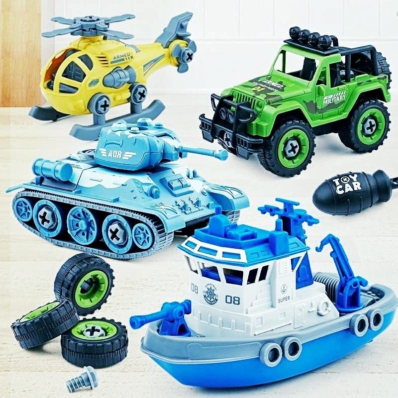 Kiddie Galaxia® Military Army Foldable Vehicles Car Toy 4 Pack with Screwdriver Toy, DIY Kids STEM Toys Including Helicopter,Jeep,Tank and Boat for Toddlers Birthday Gifts for Boys 2 3 4 5 6 Year