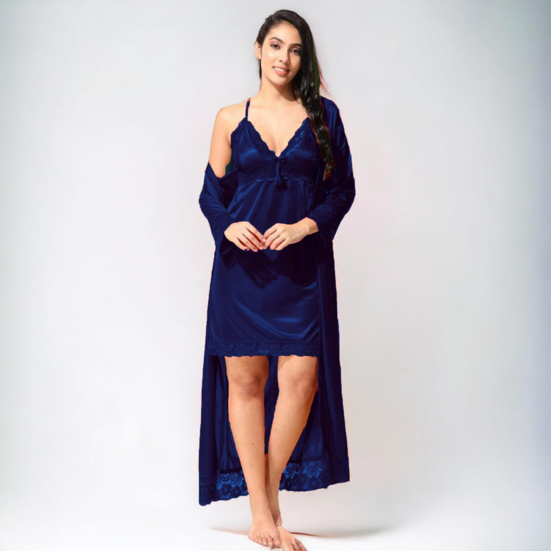 Siami Apparels Satin 2 PC Nighty/Night Wear Set with Robe | V- Neck | Solid/Plain | Attractive & Stylish | for Women, Girlfriend, Wife (Free Size, Navy)