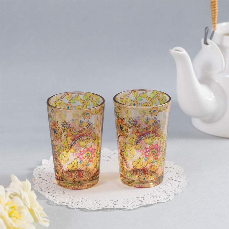 KOLOROBIA Kalamkari Finesse Chai Glass/Tea Glass, Flame Proof, Microwave & Dishwasher Safe | for Daily Use & Gifting, (Set of 2)