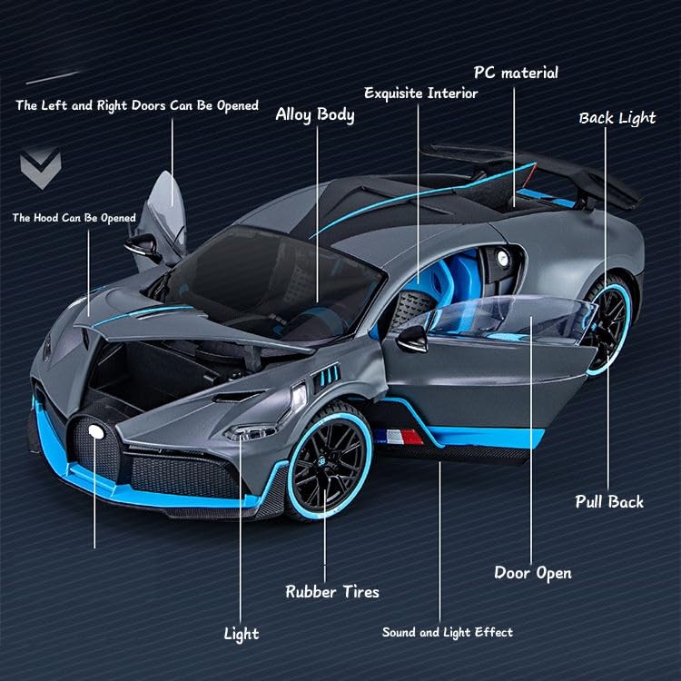 TEC TAVAKKAL 1:32 Bugatti Divo Metal Alloy Pull Back Car Diecast Electronic Toys with Openable Doors Lights and Music,Decorative,Mini Vehicles Toys for Kids,Young Peoples Gifts for All Age (Gray)