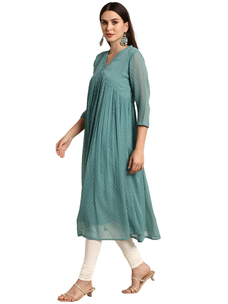 Janasya Women's Green Poly Chiffon Self Design Flared Western Dress(JNE3797-KR-L)