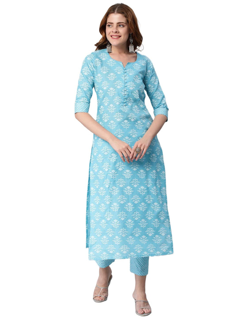 ANNI DESIGNER Women's Cotton Blend Printed Straight Kurta with Pant (KIDYA Blue_XL_Blue_X-Large)