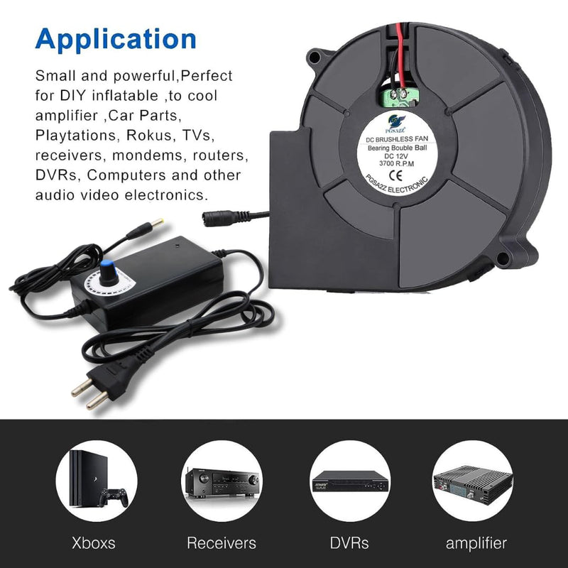 PGSA2Z 12V Blower Fan with Dual Ball Bearings - High Airflow, Variable Speed Controller - 97 x 33 mm - 110V/220V AC Plug - Cooling, and Ventilation Exhaust Projects