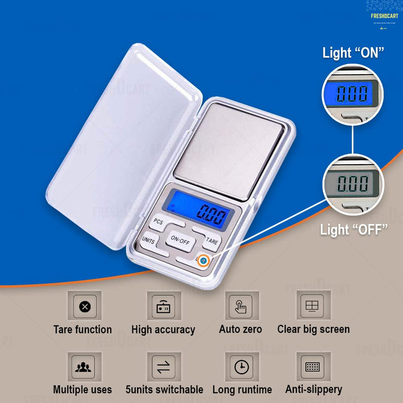 FreshDcart Digital Pocket Weight Scale Jewellery Weighing Chemical Mini Machine With Auto Calibration, Tare Full Capacity, Operational Temp 10-30 Degree ( 200 /0.01 G, Silver