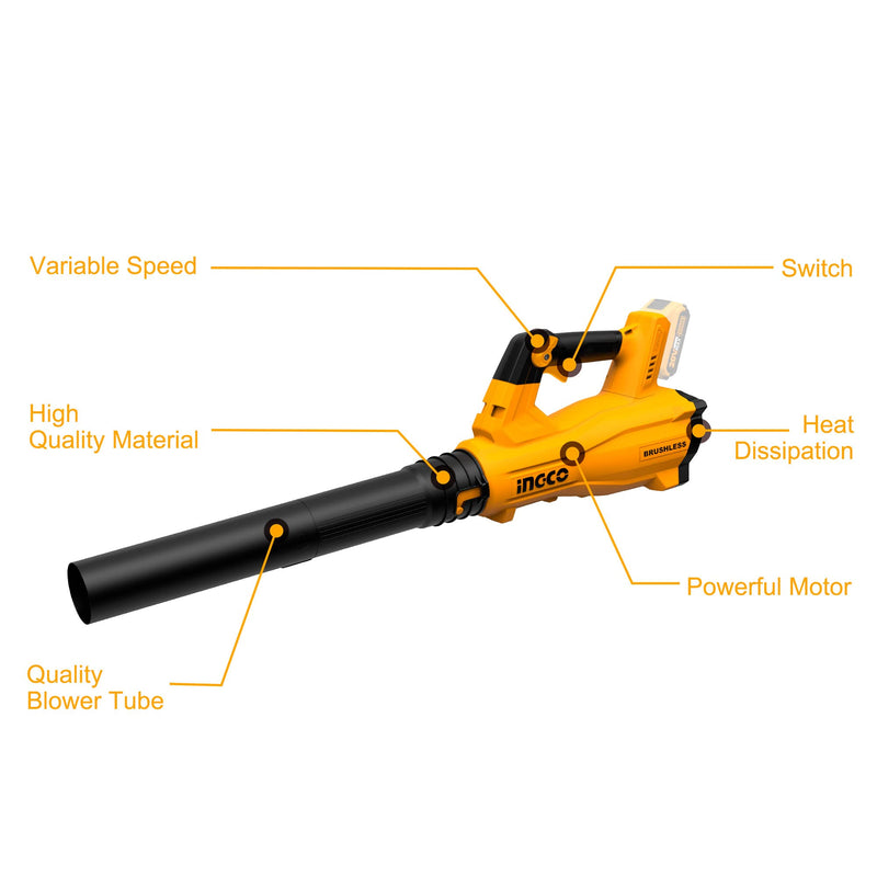 INGCO 20V Leaf Blower Cordless, Brushless Electric Leaf Blower Lightweight with Variable Speed for Lawn Care Dust Weeds Debris Snow (with Battery and Charger) CABLI20028-PACK