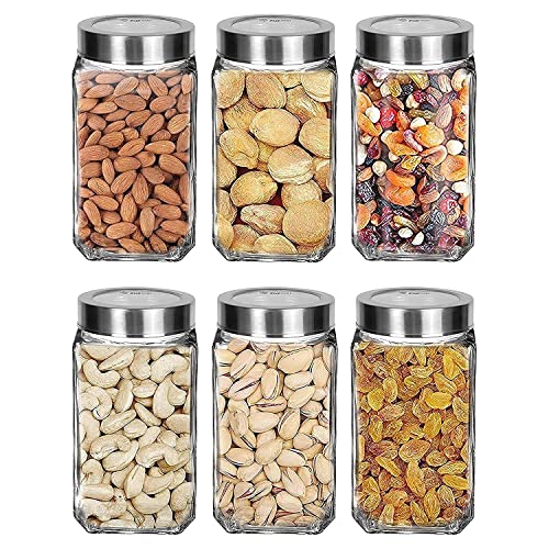 Vency Glass Square Shape Transparent Glass Jars & Containers for Kitchen Pantry, Snacks, Masala, Pickles, Dry Fruits, Coffee Beans Storage with Steel See Through Lid (Set Of 6) (1000ml Steel Cap)