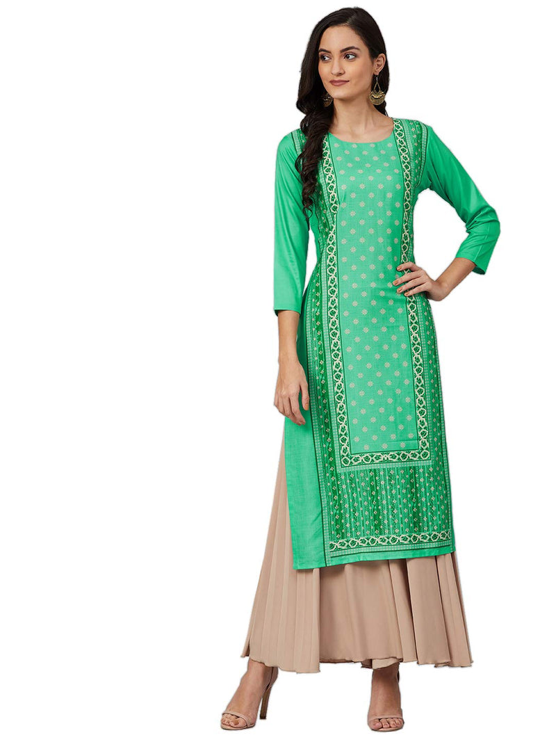 Vaamsi Women's Crepe Ethnic Motifs Printed Straight Kurta (PK1854_Green_L)