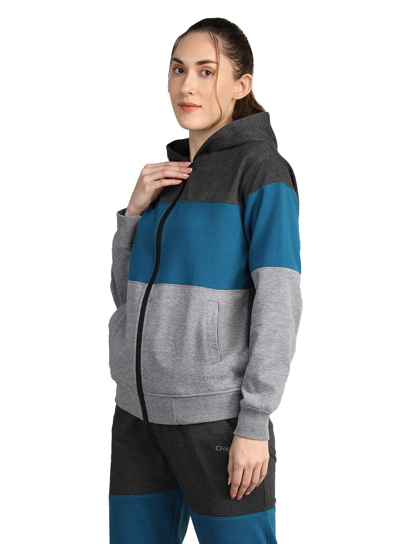 CHKOKKO Women Winter Sports Zipper Hooded Stylish Jacket Anthra SkyBlue LightGrey M