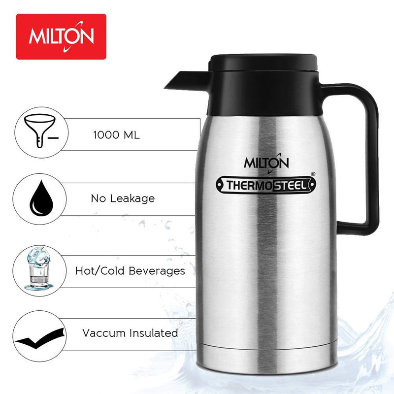 Milton Omega 1000 Thermosteel Vacuum Insulated 24 Hours Hot or Cold Carafe, 1000 ml, Silver | 100% Leak Proof | Easy to Carry | Ideal for Tea | Coffee | Juice | Water