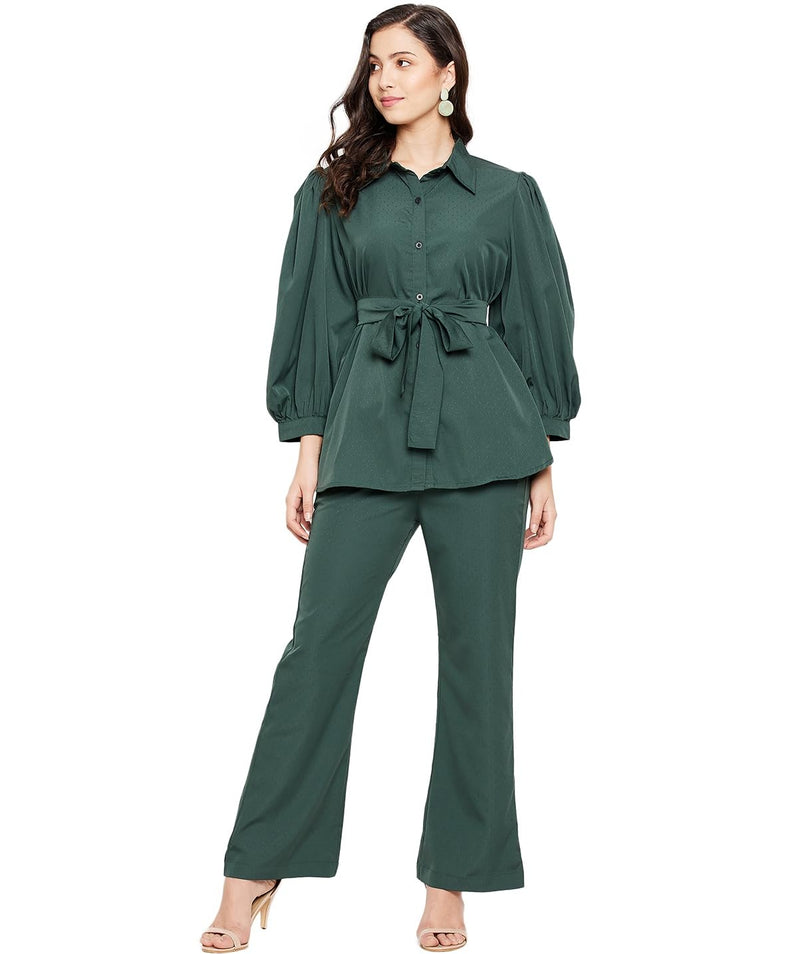 Fashfun Women's co-ord Set (Solid Crepe tie-up Shirt and Bootcut Pant Set) (Forest Green, Large) (SER-COORD-E-1-Q1-L) (Set of 3)