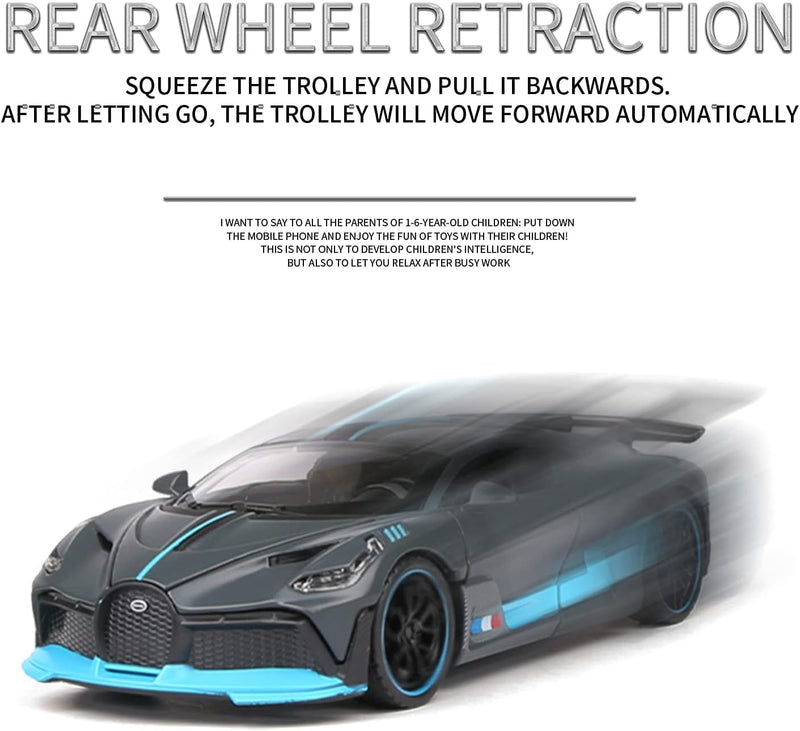 TEC TAVAKKAL 1:32 Bugatti Divo Metal Alloy Pull Back Car Diecast Electronic Toys with Openable Doors Lights and Music,Decorative,Mini Vehicles Toys for Kids,Young Peoples Gifts for All Age (Gray)