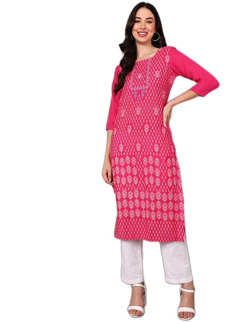 Vaamsi Women's Crepe Ethnic Motifs Printed Straight Kurta (VPK1676_Pink_L)