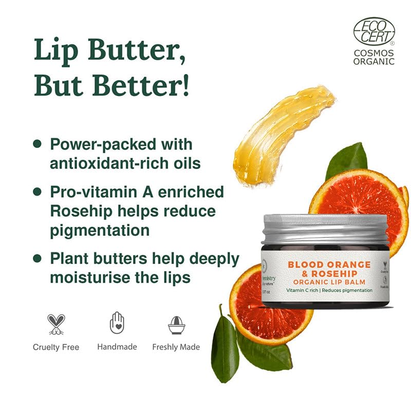 Juicy Chemistry Blood Orange & Rosehip Lip Balm, 5g Organic Lip Balm For Dry, Chapped & Pigmented Lips, Ecocert Certified Organic For Unisex, Clinically Tested & Proven, Cruelty-Free & 100% Veg
