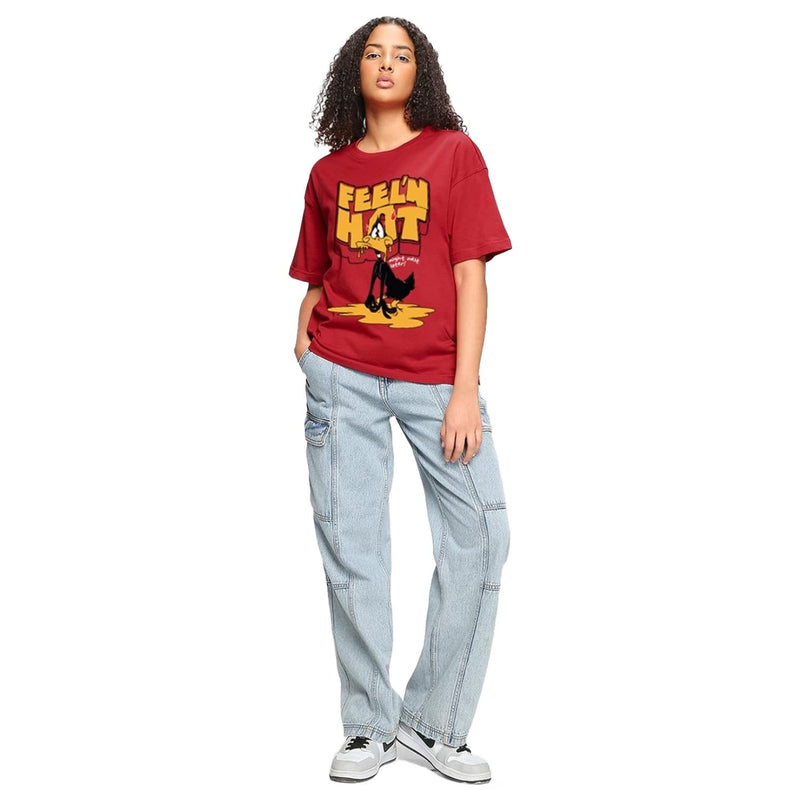 Bewakoof Looney Tunes X Merchandise Women's Feel'n Hot Graphic Print Cotton T-Shirt- Oversized Fit, Round Neck, Half Sleeves 582327_Red_3XL