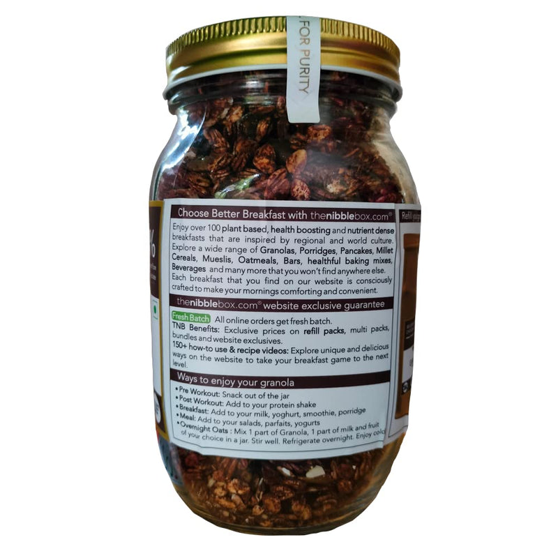 thenibblebox Belgian Dark Chocolate Granola 500g, Jar [34% dry fruits, Gluten free, Plant based/Vegan friendly, No preservatives/additives]