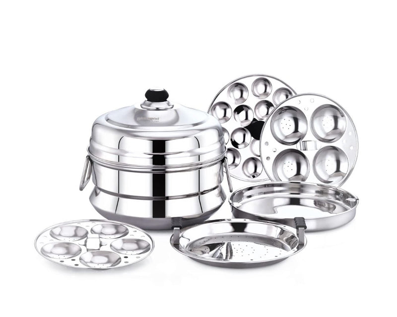 DIAMOND Stainless Steel Multi Steamer Induction Base Idly Pannai with 2 Idli Plates | 1 Mini Idli Plate | 1 Dhokla Plate (9 Idlies)