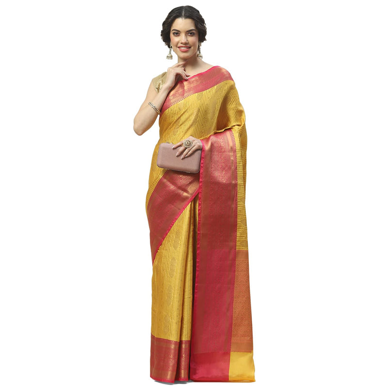 Meena Bazaar Zari Jaal Woven Cotton Saree With Blouse (Mustard)