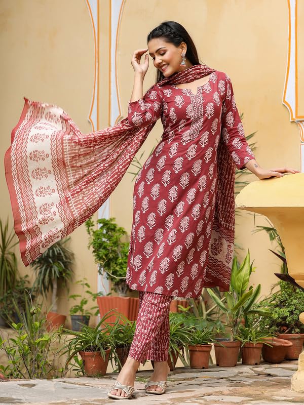 Vaamsi Women's Cotton Blend Paisley Printed Straight Kurta Pant with Dupatta (VKSKD1030_Burgundy_L)