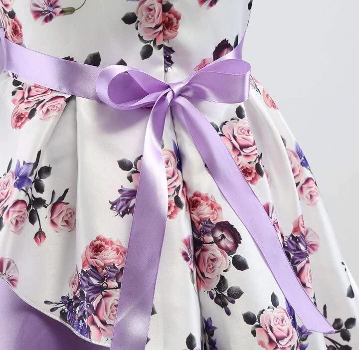 Buy & Try Girl's Satin Floral Printed Knee Length Short Frock Dress. (Purple, 5-6-YEAR)