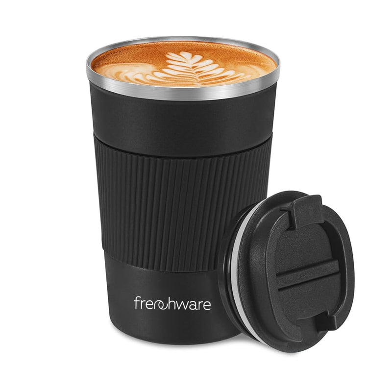 Frenchware Vacuum Insulated Mug, Travel Coffee Mug with Leakproof Lid, Reusable for Hot & Cold Coffee Water Tea, 3 Hours Hot & 8 Hours Cold, Non-Slip Protective Cover (510 ml, Black)