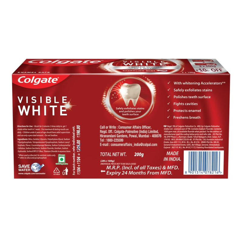 Colgate Visible White Dazzling White Toothpaste, Sparkling Mint - 200gm (Saver Pack)