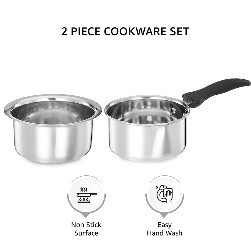 Amazon Brand - Solimo - 2 Pcs Stainless Steel Cookware Set - (Tope 18 cm, Sauce 14 cm)