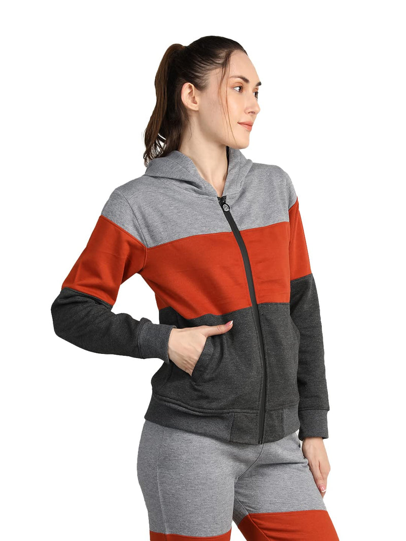 CHKOKKO Women Winter Sports Zipper Hooded Stylish Jacket LightGrey Orange DarkGrey XXL