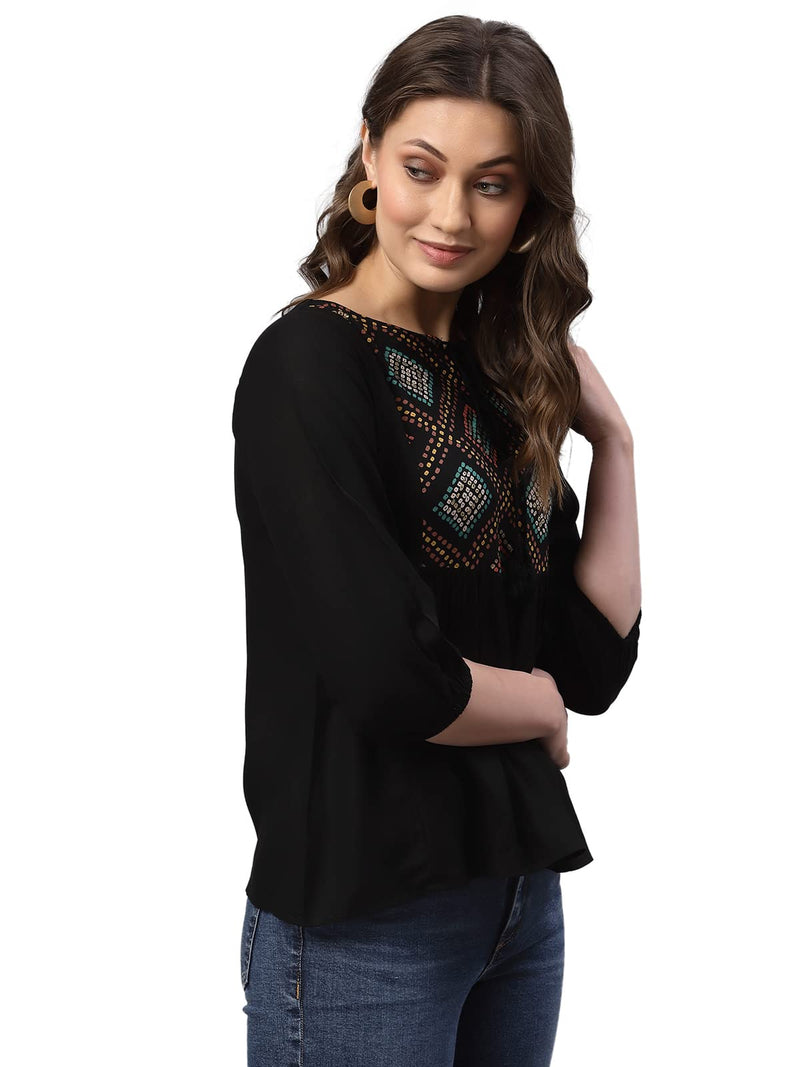 SIRIL Women's Rayon Mill Printed Regular Top(309TK6035-L_Black)