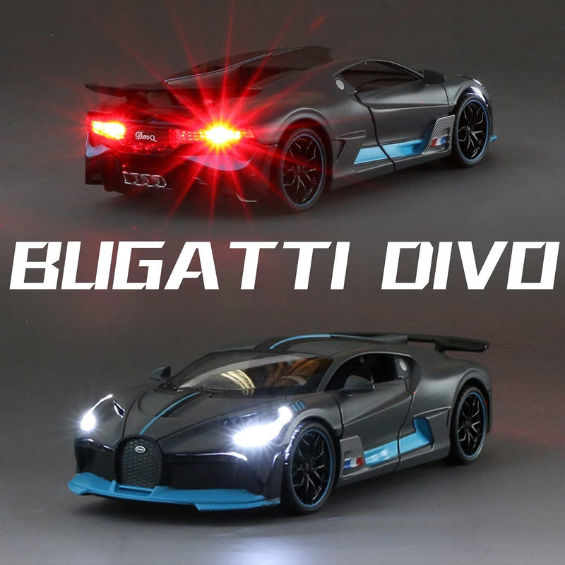 TEC TAVAKKAL 1:32 Bugatti Divo Metal Alloy Pull Back Car Diecast Electronic Toys with Openable Doors Lights and Music,Decorative,Mini Vehicles Toys for Kids,Young Peoples Gifts for All Age (Gray)