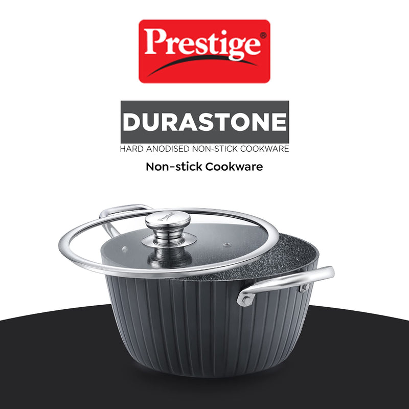 Prestige Durastone Hard Anodised 6 Layer Non-Stick Casserole with Glass Lid, (24 cm, 4 Litre) (Black)