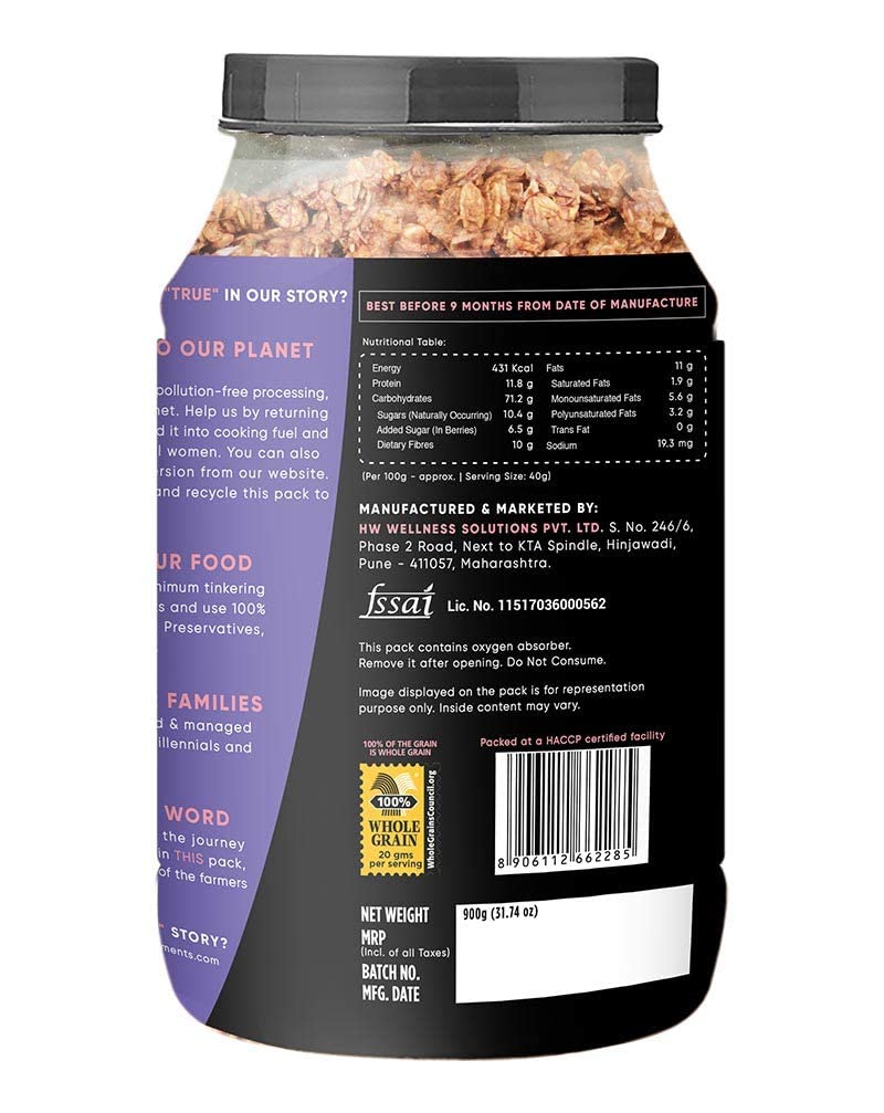 True Elements Crunchy Dark Chocolate Granola 900g - With 23% Berries, Seeds & Almonds | 100% Wholegrain Cereal | Granola for Breakfast | Healthy and Tasty Breakfast