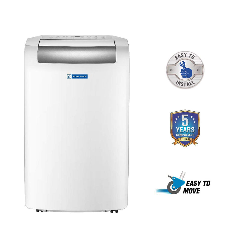 Blue Star 1 Ton Fixed Speed Portable AC (Copper, Anti Bacterial Silver Coating, Self Diagnosis, Comfort Sleep Modes-Auto/Cool/Fan/Dry, Auto Mode, Remote Control Operations, Gold Fins, PC12DB, White)