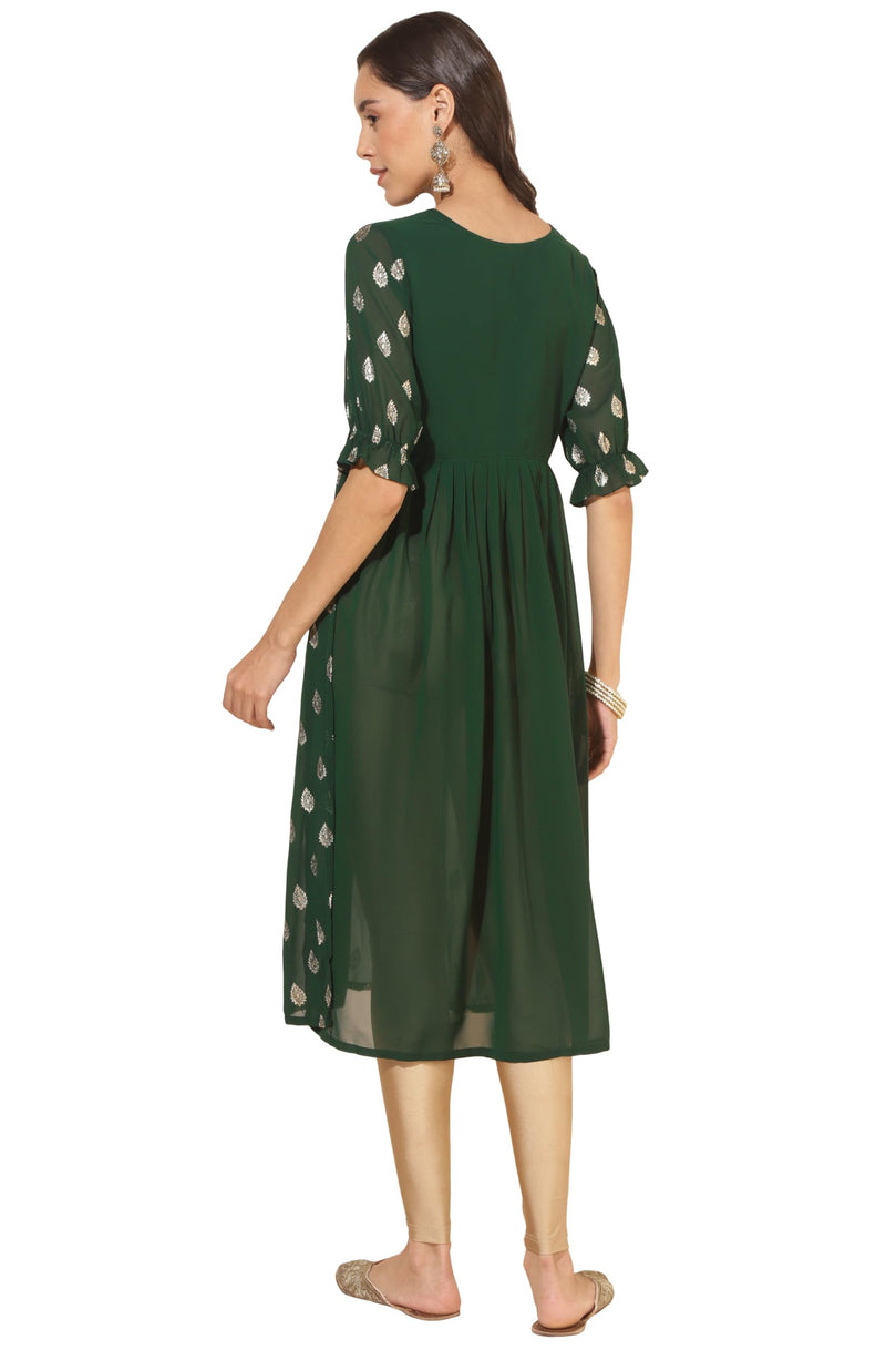 Janasya Women's Bottle Green Georgette Foil Printed Gathered Kurta(JNE4309-KR-XXL)