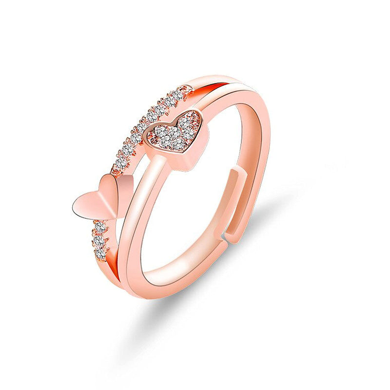 Fashion Frill Women Trendy Heart 18K Rose Gold Plated American Diamond Adjustable Rings Gift For Sister Combo Of 3