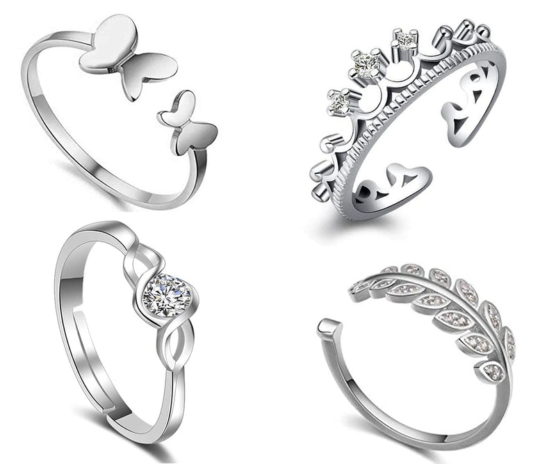 Okos Rhodium Plated Combo Of 4 Adjustable Finger Rings Studded With White Crystal Stones For Girls And Women CO1000390