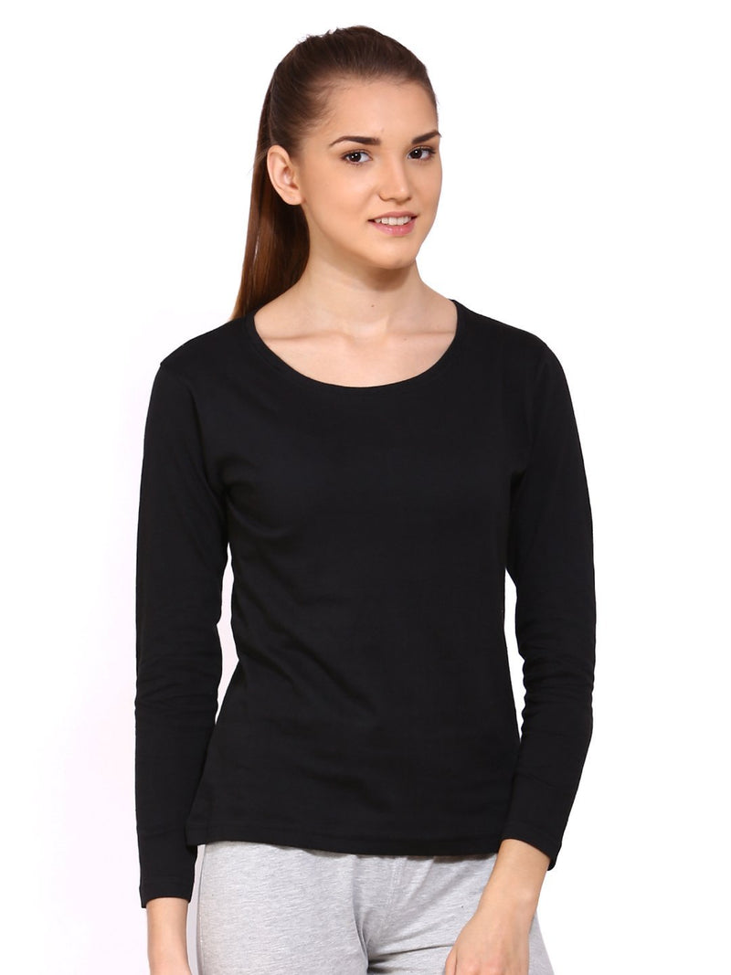 Ap'pulse Women's Solid Regular Fit Tshirt (AP-WM-RN-LONGSLV-236_Black Large)