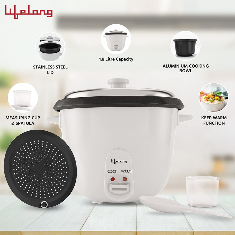 Lifelong LLRC02 Electric Rice Cooker 1.8 litres|700 watt| Aluminium Cooking Pan| One Touch Operation & Keep Warm Function| Cool Touch Outer Body