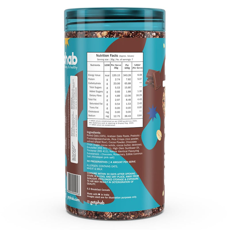 Phab - Crunchy Granola Cereals - Double Chocolate 245g | Breakfast Superfood with High Fiber | 44% Oats | Chocolate Chips, Arabian Dates & Pre-Biotics