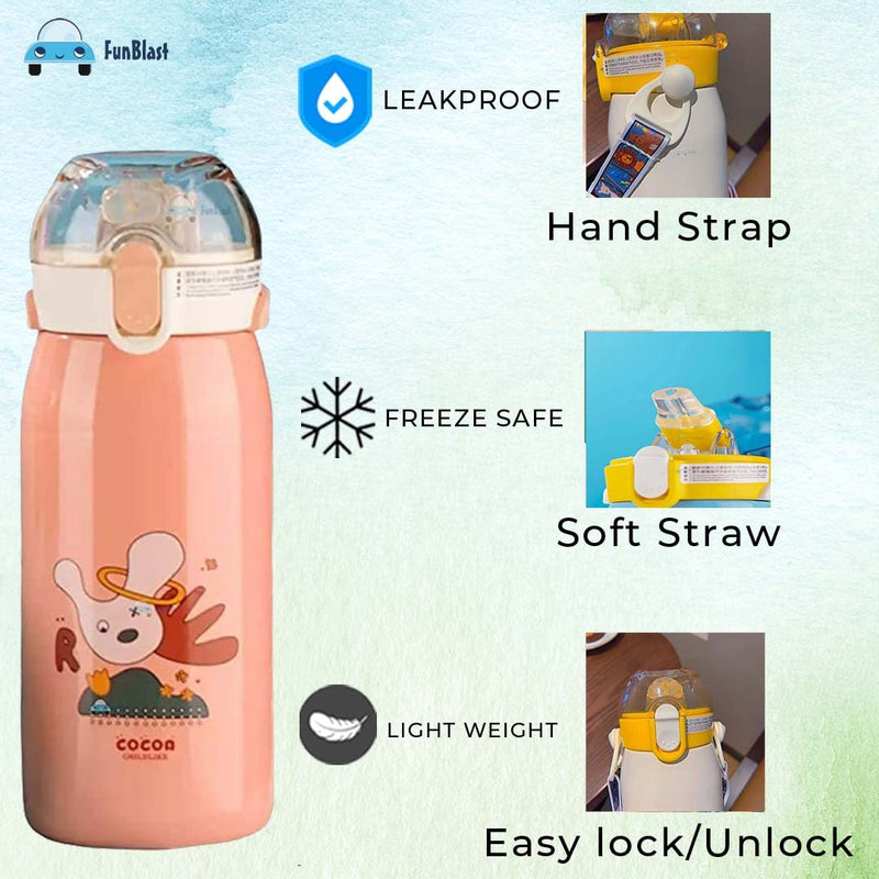 FunBlast Stainless Steel Water Bottle for Kids, Double Walled Vacuum Insulated, Cartoon Design Hot and Cold – Thermos Flask with Straw (530 Ml)