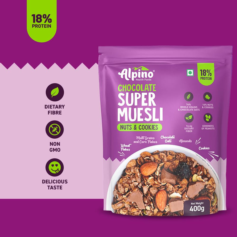 ALPINO Chocolate Super Muesli Nuts & Cookies - 70% Whole Grains & Chocolate Oats, 13% Nuts & Cookies - High in Protein, Source of Fibre – Breakfast Cereal (400 G)