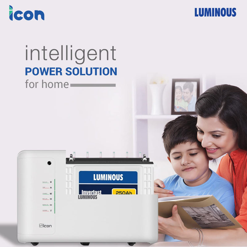 Luminous Inverter for Home, Office & Shop with Luminous Battery, Icon 1600 Pure Sine Wave 1400VA 12 Volt Inverter with ILTT 28060 Tall Tubular 250 Ah Battery Combo, 2 years warranty on inverter, 5 years warranty on battery (3 years Flat + 2 years Pro-rata