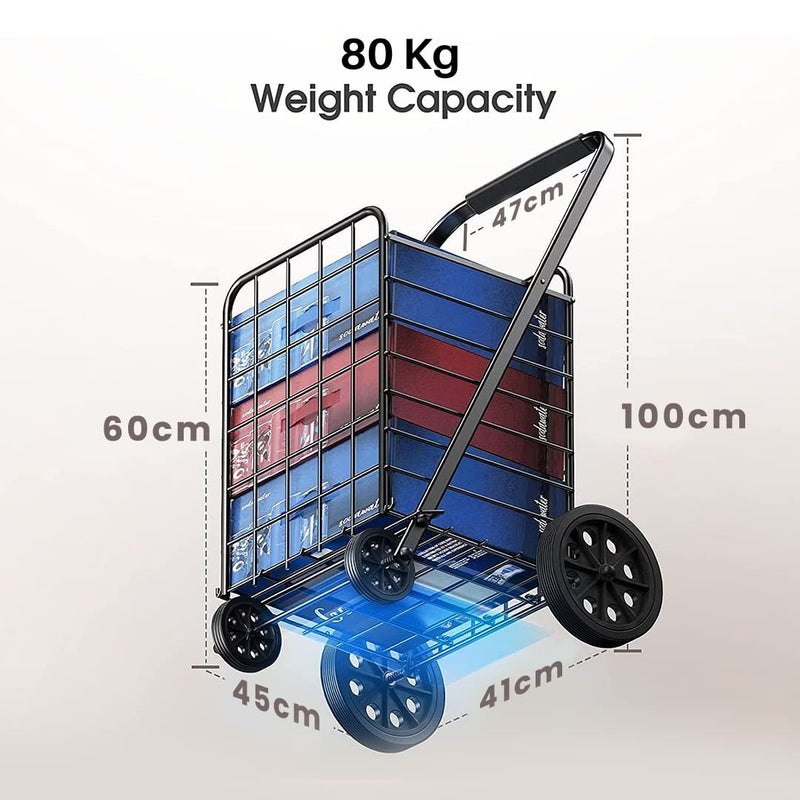 Cheston Shopping Trolley with Wheels I Compact Folding Cart for Carrying Goods, Grocery, Vegetables, Sports Equipments I 360° Rolling Wheels I Lightweight Easy to Move Holds up to 80Kg I Black