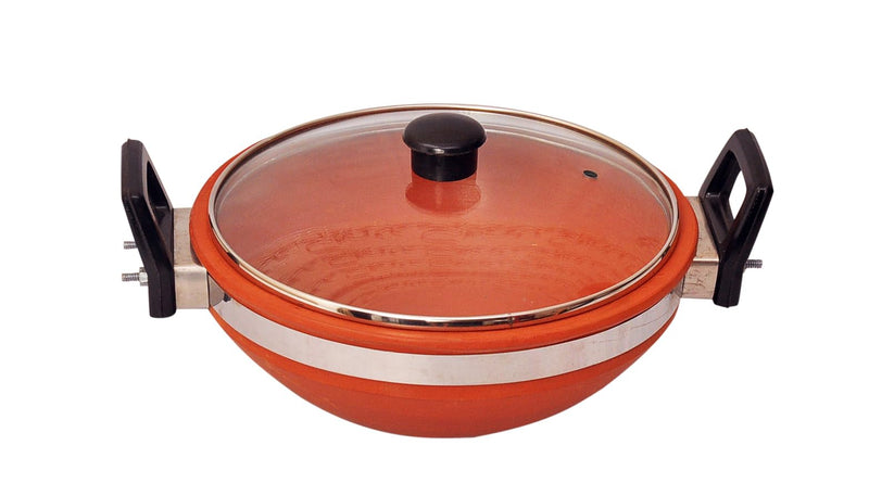 Vedic Amrit Clay Kadai with Handle and Glass lid for Cooking on Gas Unglazed and Non Coated Hand Crafted Terracotta Earthen Pot (3 Liter, Red)