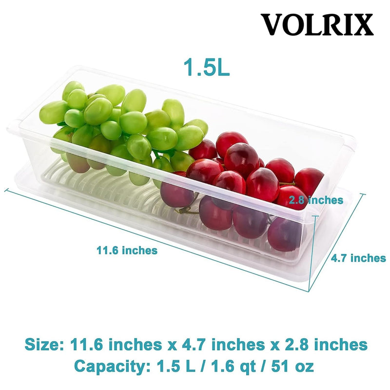 VOLRIX 6pcs Fridge Storage Boxes, Fridge Organizer with Removable Drain Plate Tray, Fridge Storage Containers, Keeps Fruits, Vegetables, Meat, Fish Fresh Longer 1500 ML, Polypropylene