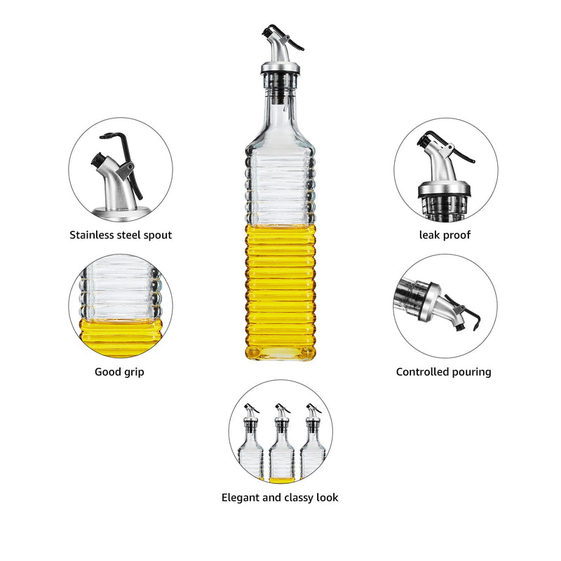 Amazon Brand - Solimo Oil Dispenser with Spout; Leak-proof, Dust-proof, Messy-pour-free, Silica Glass, Striped Design, Set of 2, 500 ml