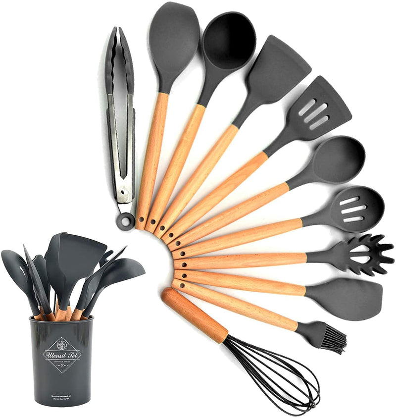 Whitecloud TRANSFORMING HOMES® 12pcs Wooden Handle Silicone Cooking Spoon Set High Temperature Resistant Silicone Spatula Kitchen Utensils (Grey)