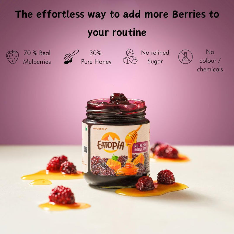 Eatopia Mulberry Sugar Free Honey Jam in Fresh with 70g of Real Fruit Pieces & 30% Wild Honey | 100% Pure & Natural with No Artificial Chemicals/Preservatives | Healthy Good for Gut Health (240g)