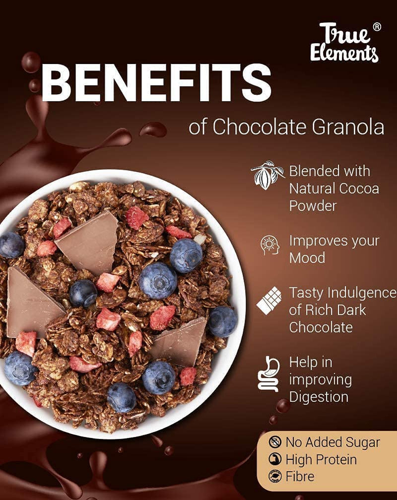 True Elements Crunchy Dark Chocolate Granola 900g - With 23% Berries, Seeds & Almonds | 100% Wholegrain Cereal | Granola for Breakfast | Healthy and Tasty Breakfast