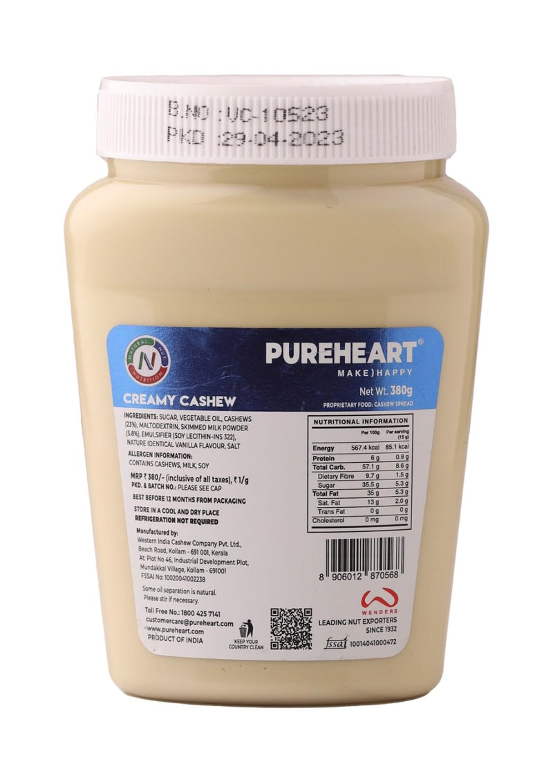 Pureheart Nut Spread Creamy Cashew - Nutty Spread for Breakfast, Delicious, Smooth & Creamy Snack (380 gm)